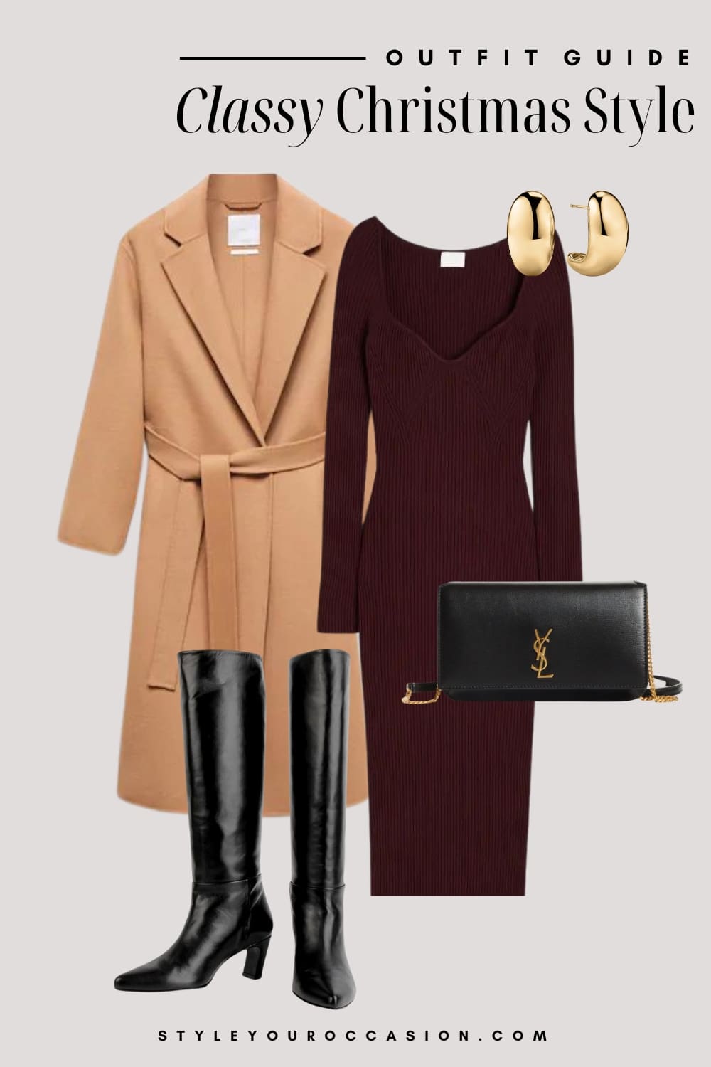 An image board of a Christmas outfit featuring a burgundy knit midi dress, a long camel wool coat, knee-high black leather boots, chunky gold hoop earrings, and a black leather crossbody purse