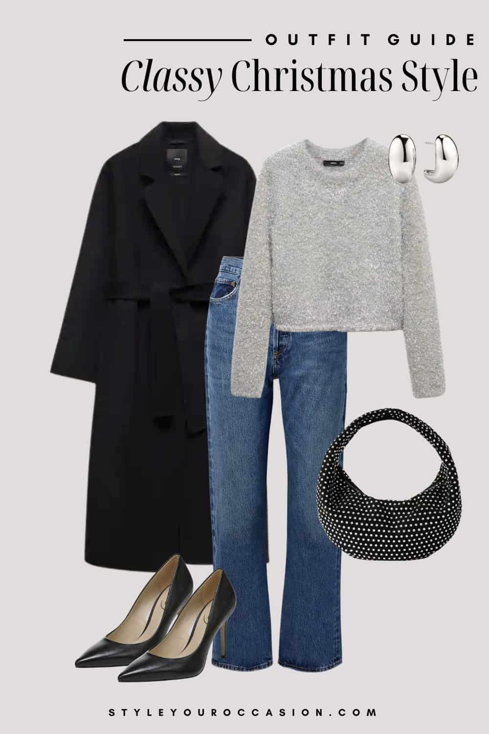 An image board of a Christmas outfit featuring wide-leg blue jeans, a fluffy grey crewneck sweater, a long black wool coat, black pumps, a black and silver handbag, and chunky silver hoop earrings