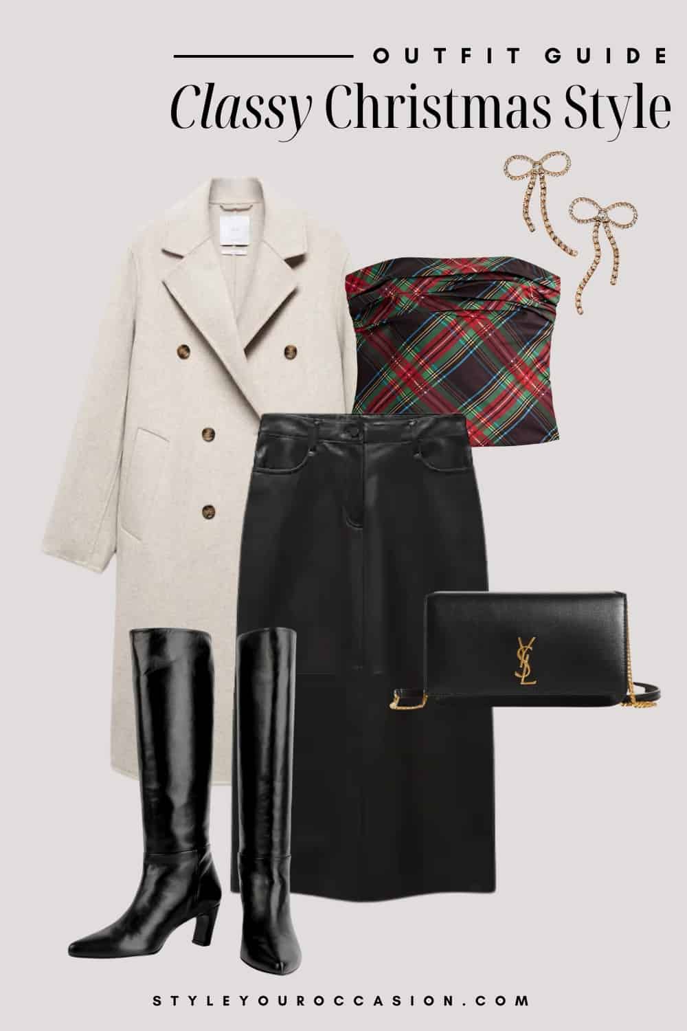 An image board of a Christmas outfit featuring a black leather midi skirt, a green and red plaid tube top, a long white coat, knee-high black leather boots, gold bow earrings, and a black leather crossbody bag