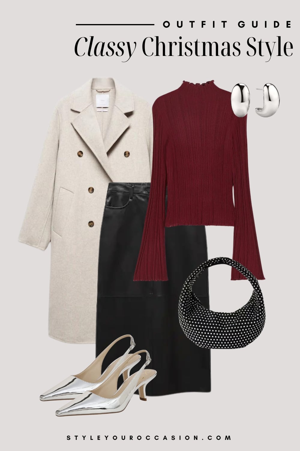 An image board of a Christmas outfit featuring a black leather midi skirt, a burgundy knit sweater, a long white coat, silver slingback heels, a silver and black handbag, and chunky silver hoop earrings