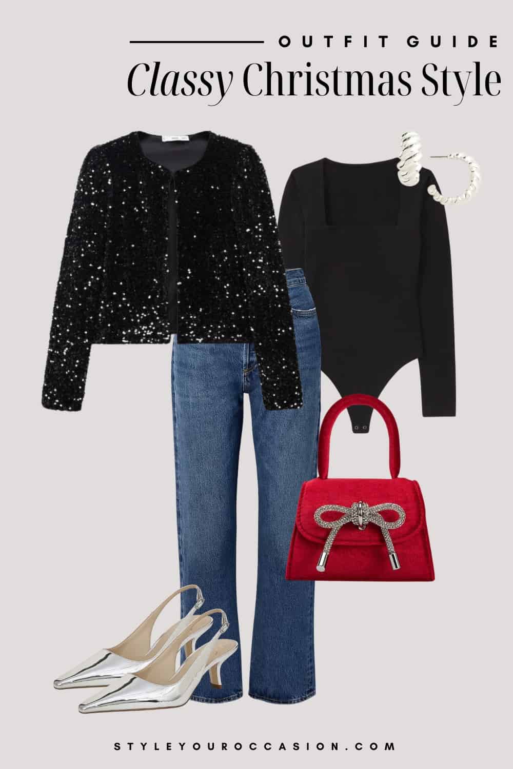 An image board of a Christmas outfit featuring wide-leg blue jeans, a black square neck bodysuit, a sparkly black cardigan, silver slingback heels, a red handbag with silver bow, and silver croissant hoops
