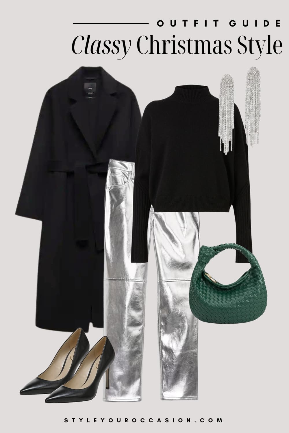 An image board of a Christmas outfit featuring silver straight leg pants, a black mock neck sweater, a long black wool coat, black pumps, a woven green handbag, and sparkly silver dangly earrings
