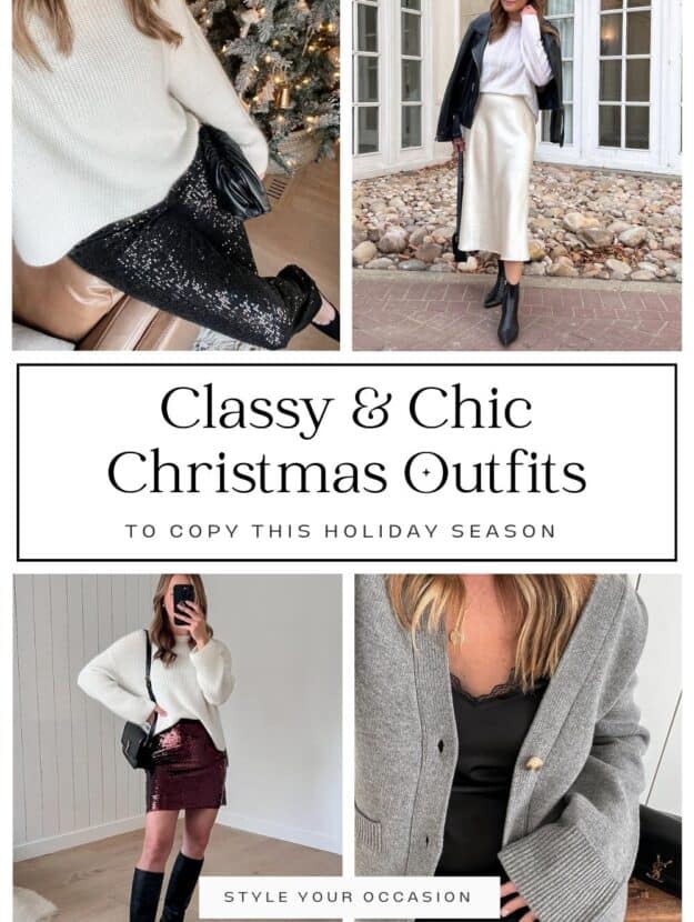 image collage of a woman wearing four different classy Christmas outfits