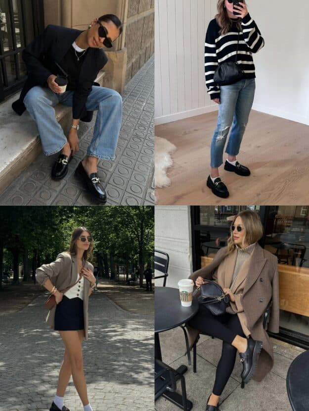 collage of four women wearing stylish outfits with chunky loafers