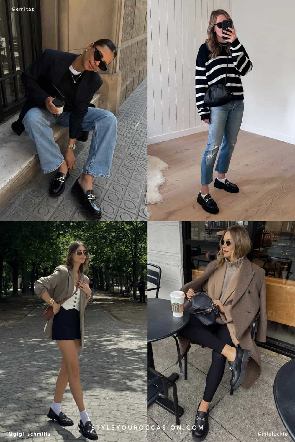 collage of four women wearing stylish outfits with chunky loafers