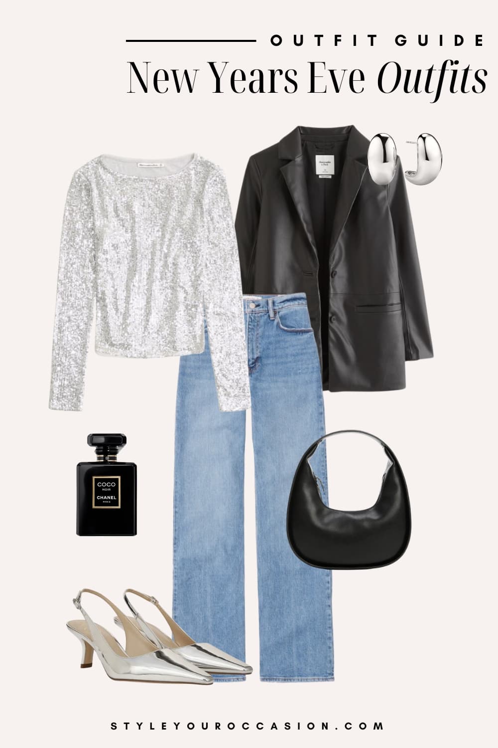 An image board of a New Year's Eve outfit featuring wide-leg jeans, a silver sequined long-sleeve top, a black leather blazer, silver slingback heels, and a black half-moon purse