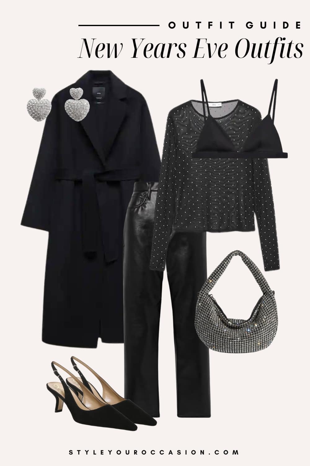 An image board of a New Year's Eve outfit featuring black leather pants, a gem embellished mesh long-sleeve top with a black bralette, a long black wool coat, black slingback heels, and a rhinestone covered handbag