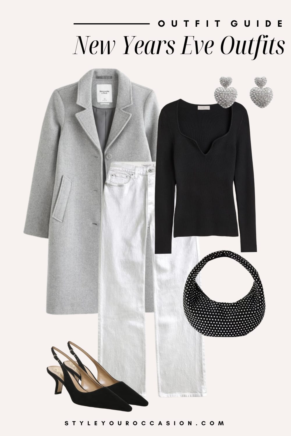 An image board of a New Year's Eve outfit featuring silver pants, a black sweater, a long grey wool coat, black slingback heels, and a rhinestone covered purse