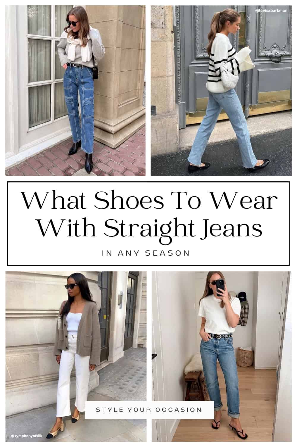 collage of four women wearing stylish outfits with different shoes and straight leg jeans