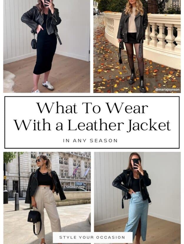 collage of four women wearing stylish outfits with black leather jackets