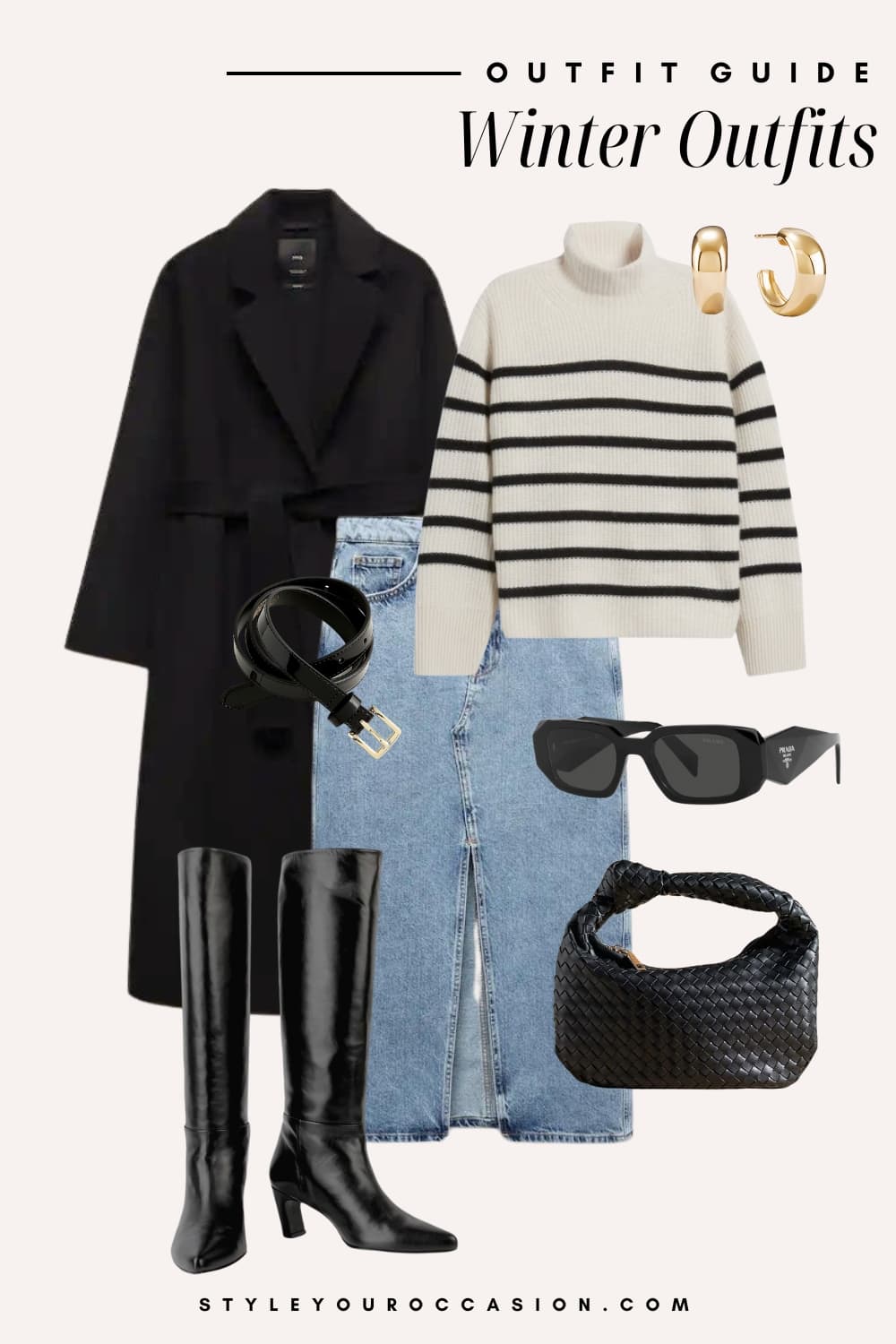 Flat lay outfit graphic of a denim maxi skirt, tall black boots, a black and white stripped sweater and a black coat with accessories.