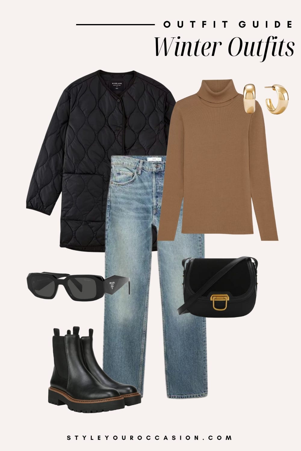 Flat lay outfit graphic of jeans with a camel turtleneck and a black puffer jacket.