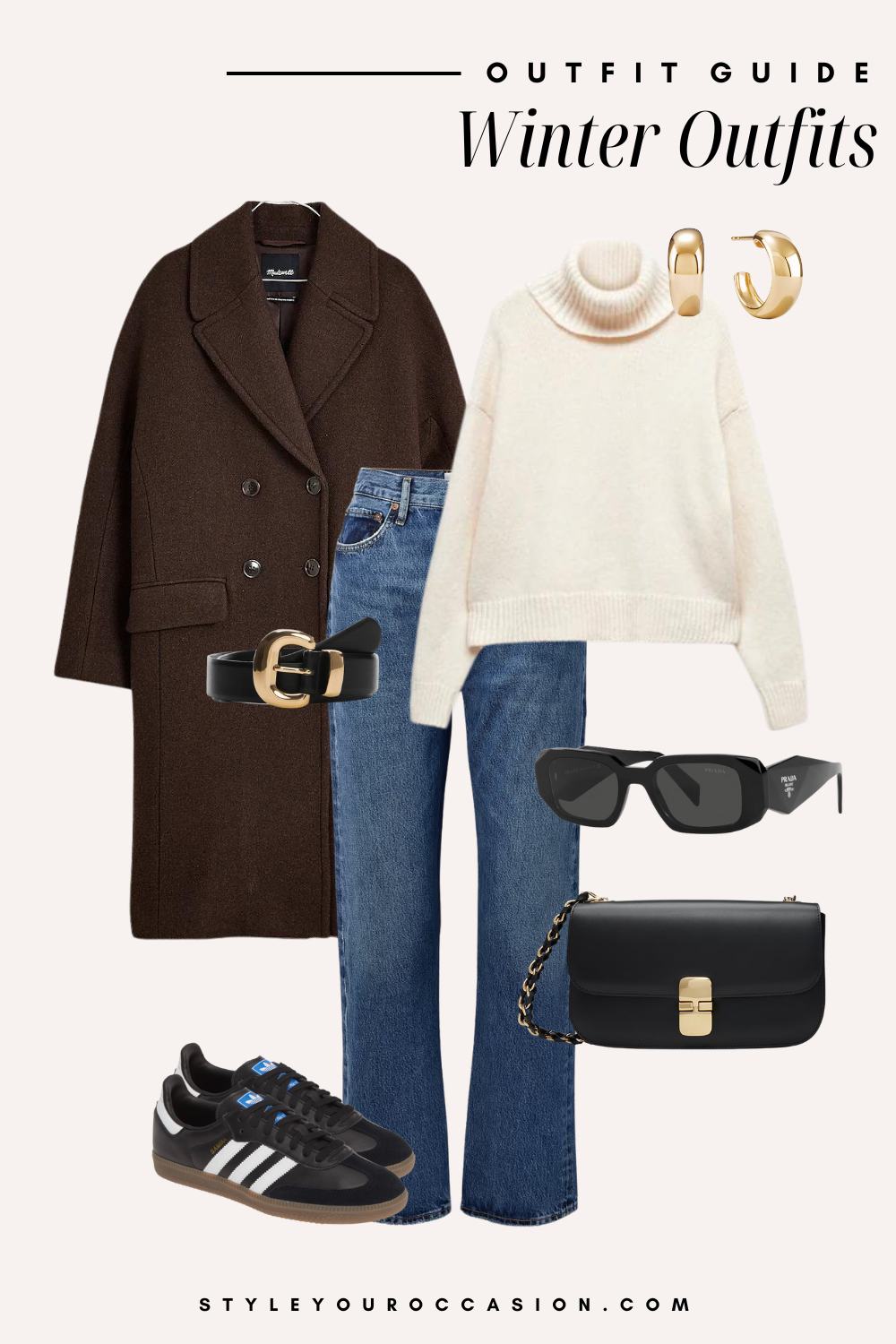 Flat lay outfit graphic of jeans with a white turtleneck and a black coat with sneakers.