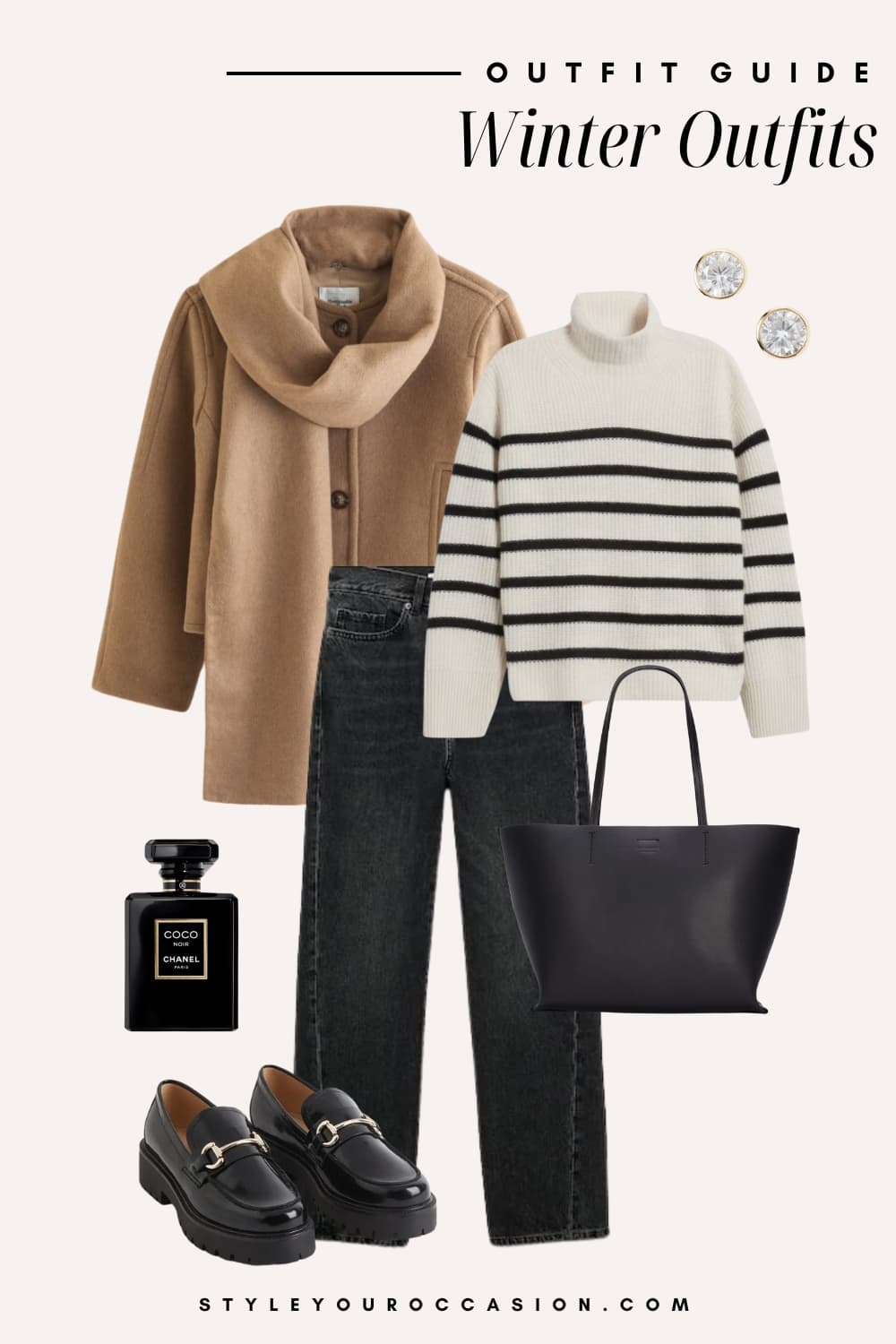 Flat lay outfit graphic of black jeans with a striped sweater and a camel wrap coat.