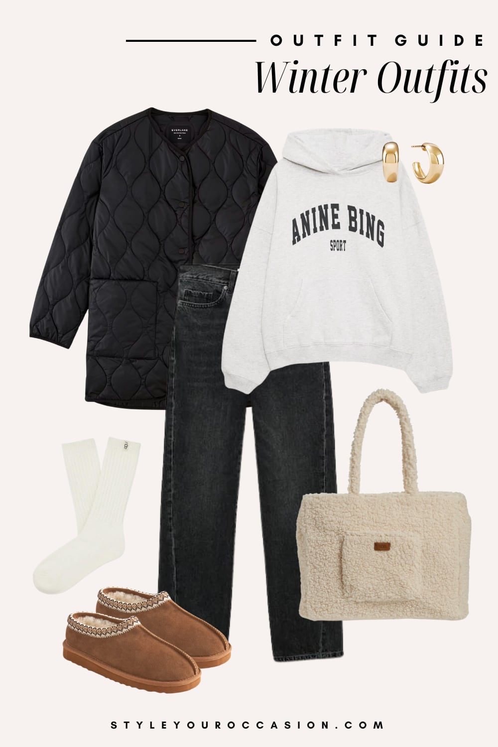 Flat lay outfit graphic of jeans with ugg slippers and a graphic hoodie.