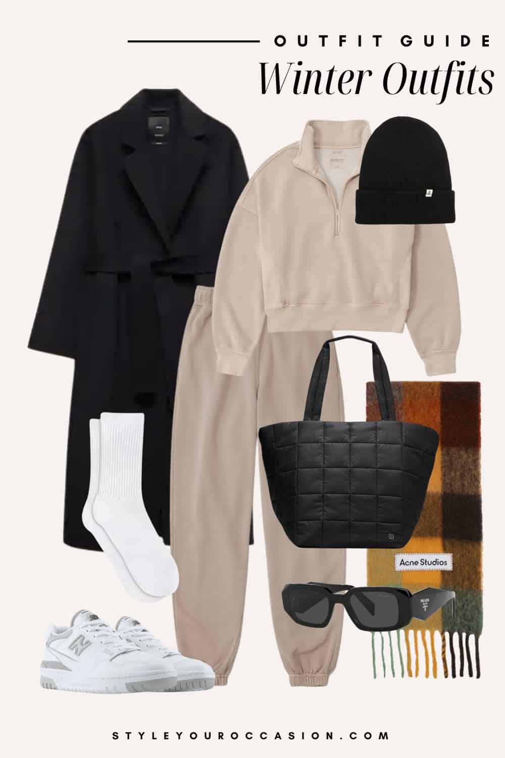 Flat lay outfit graphic of a matching sweat set with a long black coat and sneakers.