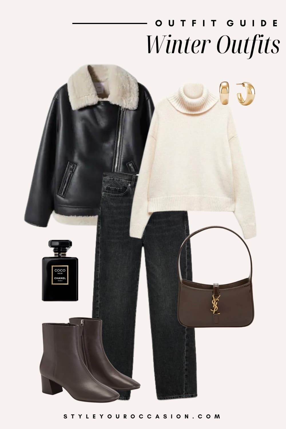 Flat lay outfit graphic of jeans with a white sweater and a leather and sherpa coat.
