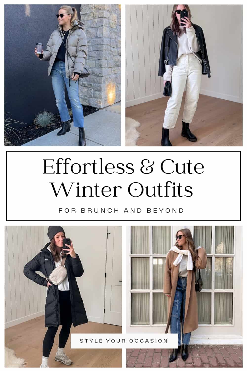 collage of a woman wearing four different winter outfits 