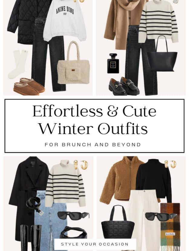 collage of four outfit graphics with outfits for winter for women
