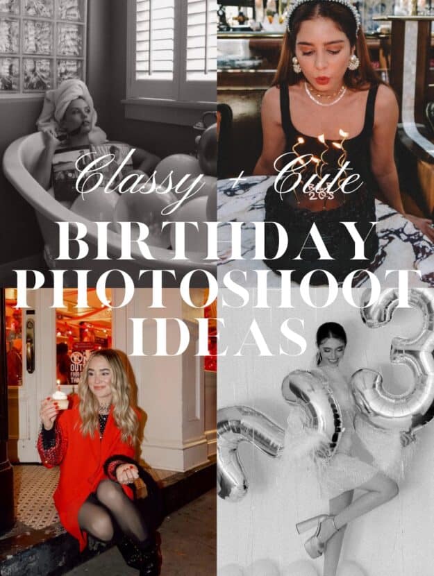 collage of women in classy photoshoots for birthdays with cakes, cupcakes, balloons, and more