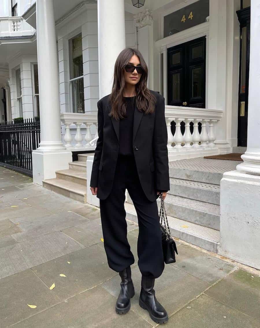 Woman wearing black cargo pants with black boots, a black t-shirt and a black blazer.