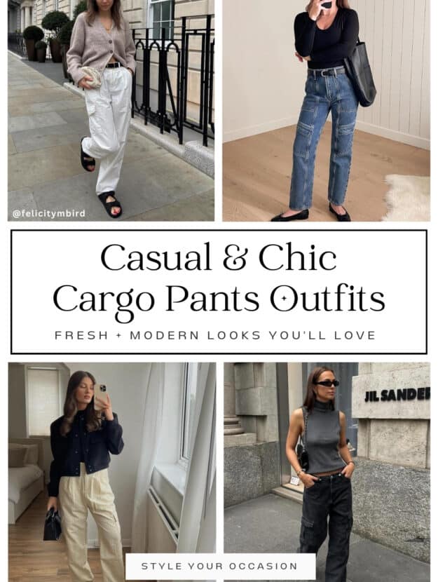 collage of four women wearing stylish cargo pants outfits