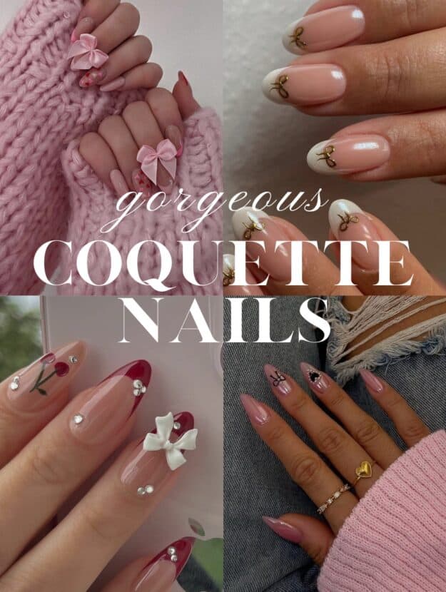 collage of four hands with coquette aesthetic nails with pink polish, bow details, and hearts
