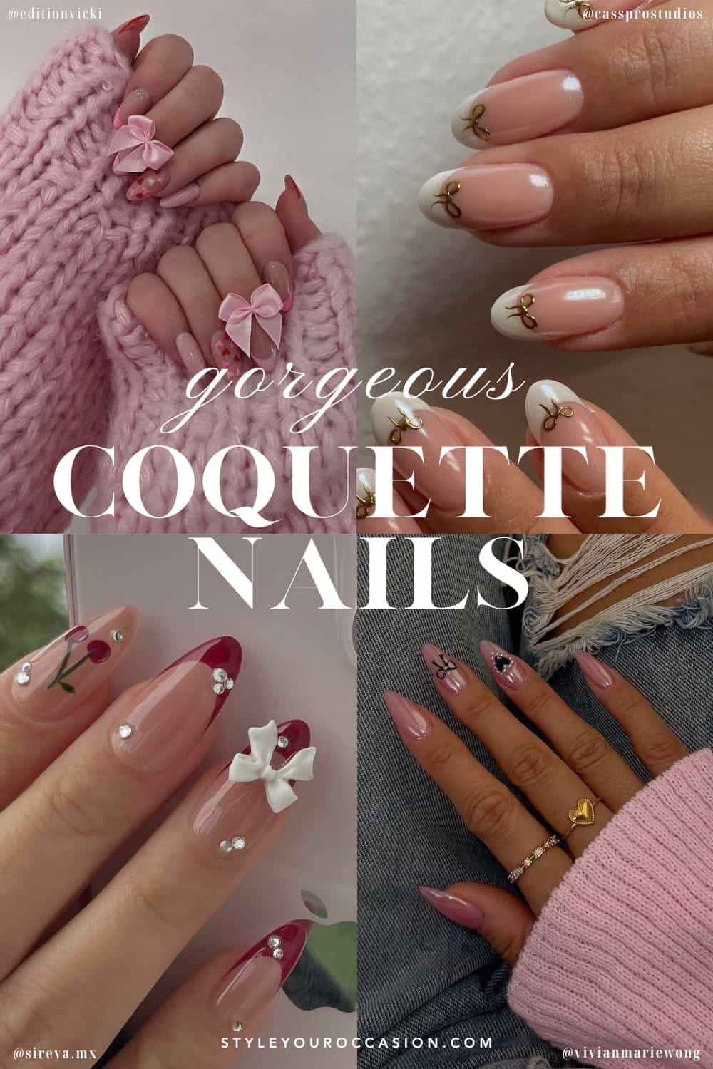 collage of four hands with coquette aesthetic nails with pink polish, bow details, and hearts