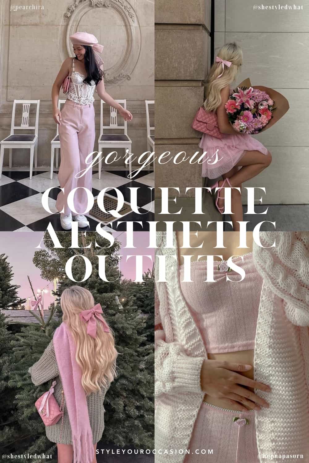 collage of four images with women wearing pretty coquette inspired outfits with pink and bows