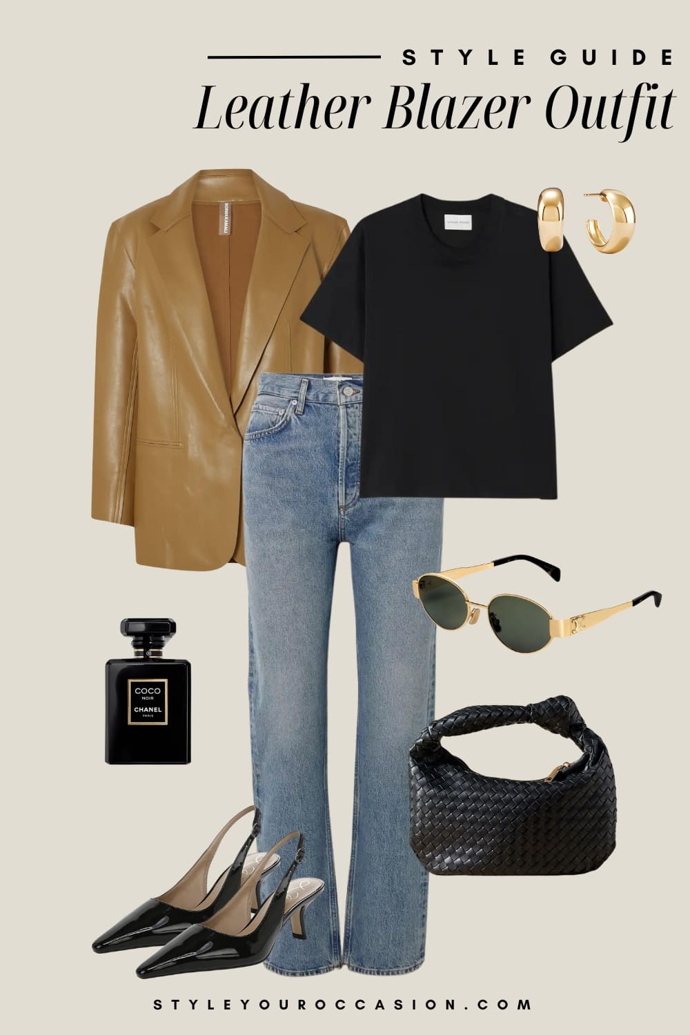 Flat lay clothing graphic of jeans, a black tee, a tan leather jacket, black slingback pumps and black and gold accessories.