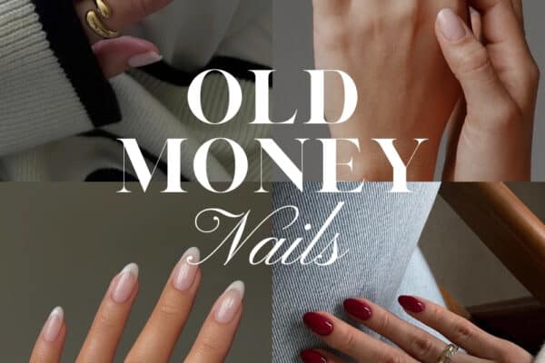 collage of four hands with old money nails including clean neutral manicures, classic red, and french tips