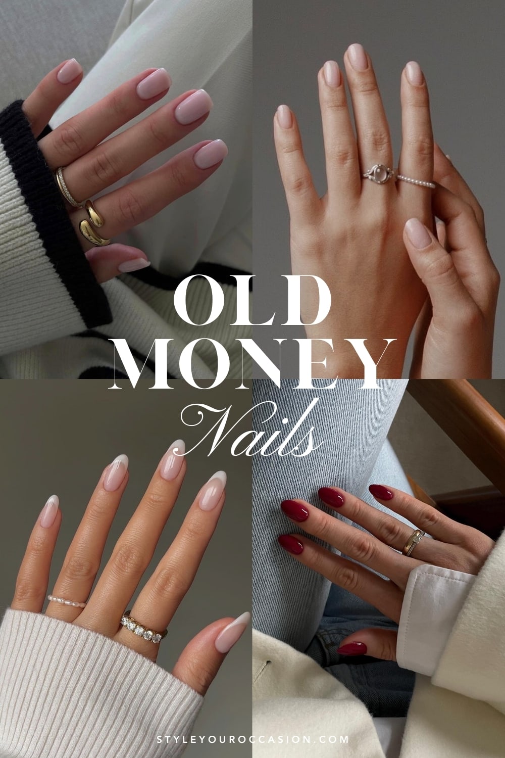 collage of four hands with old money nails including clean neutral manicures, classic red, and french tips