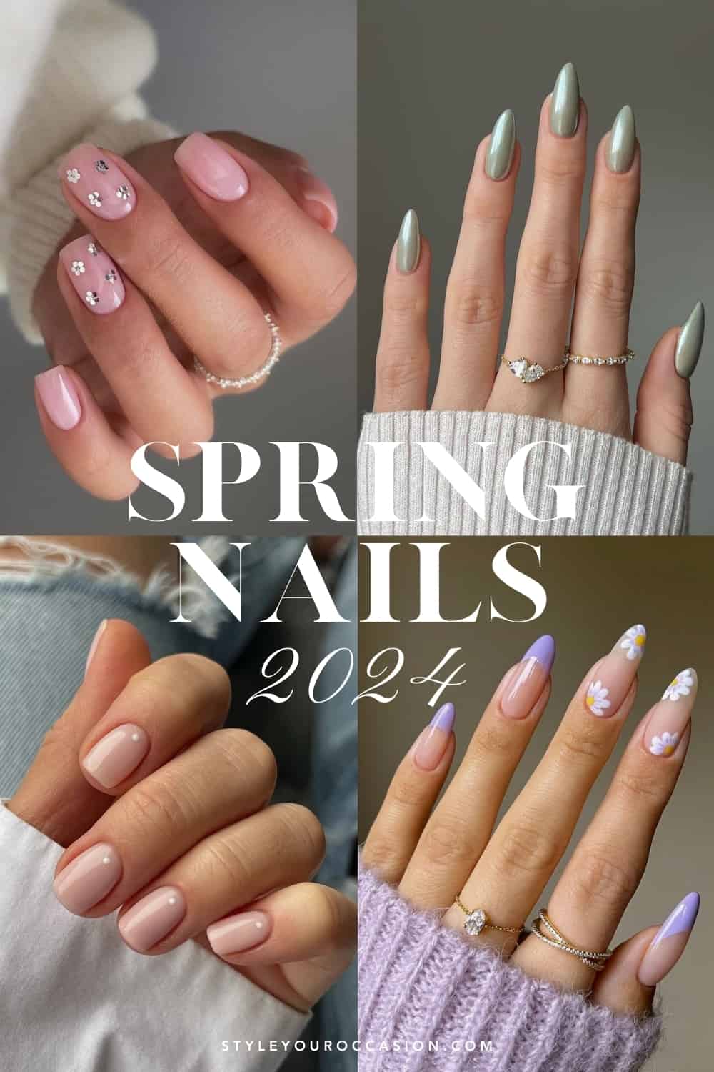 collage of four hand with simple spring nails ideas with flowers, sage green, nude pink and more
