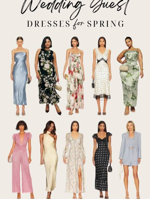 An image board of wedding guests outfits for spring for women including dresses, a jumpsuit, and a dressy short set