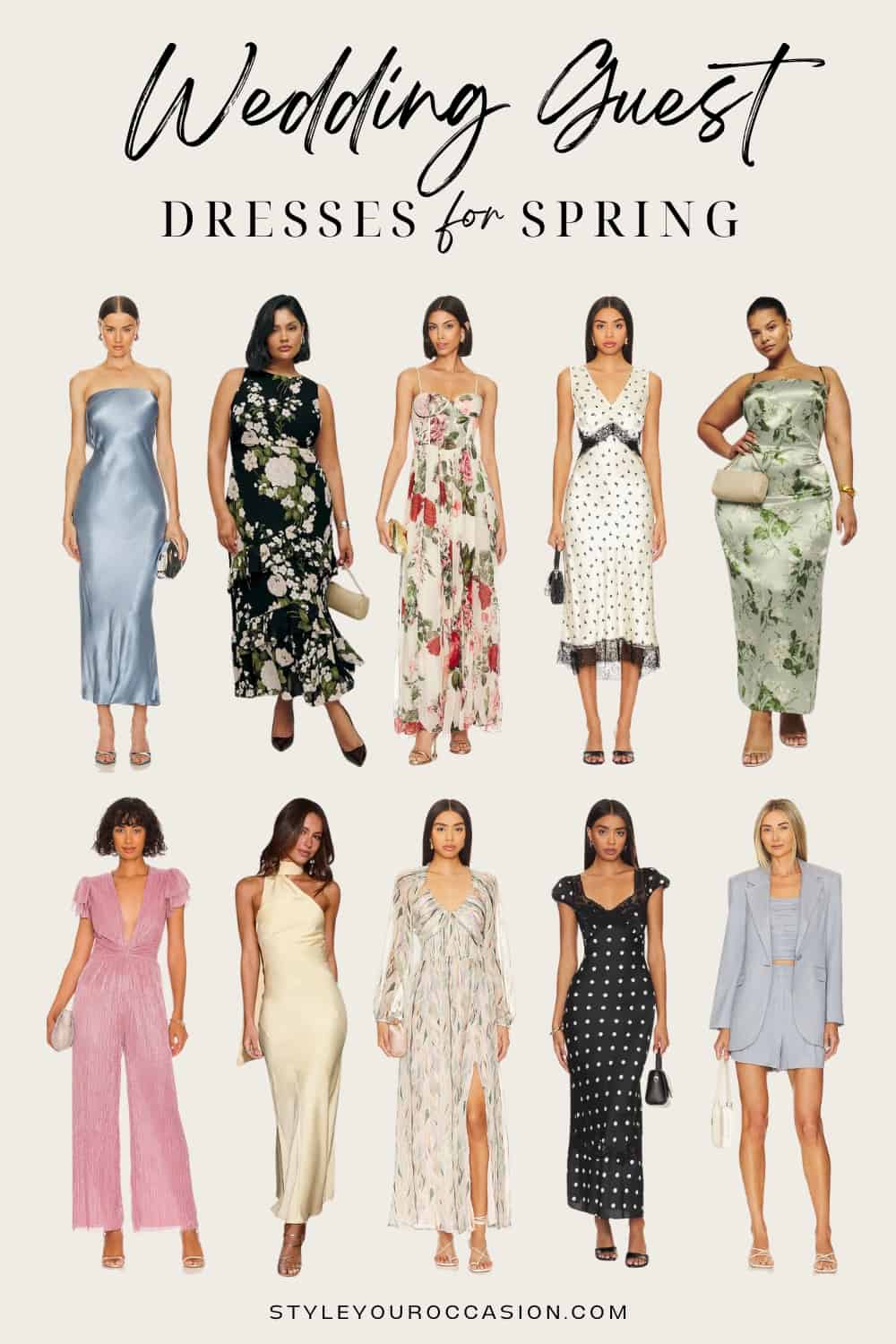 An image board of wedding guests outfits for spring for women including dresses, a jumpsuit, and a dressy short set