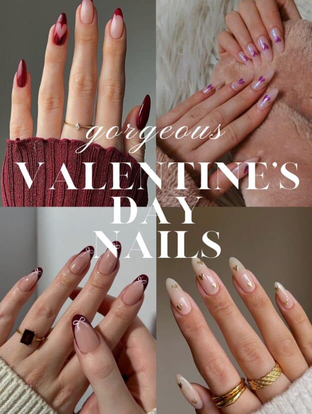 collage of four hands with Valentine's Day Nails with pink, red, gold, and heart designs