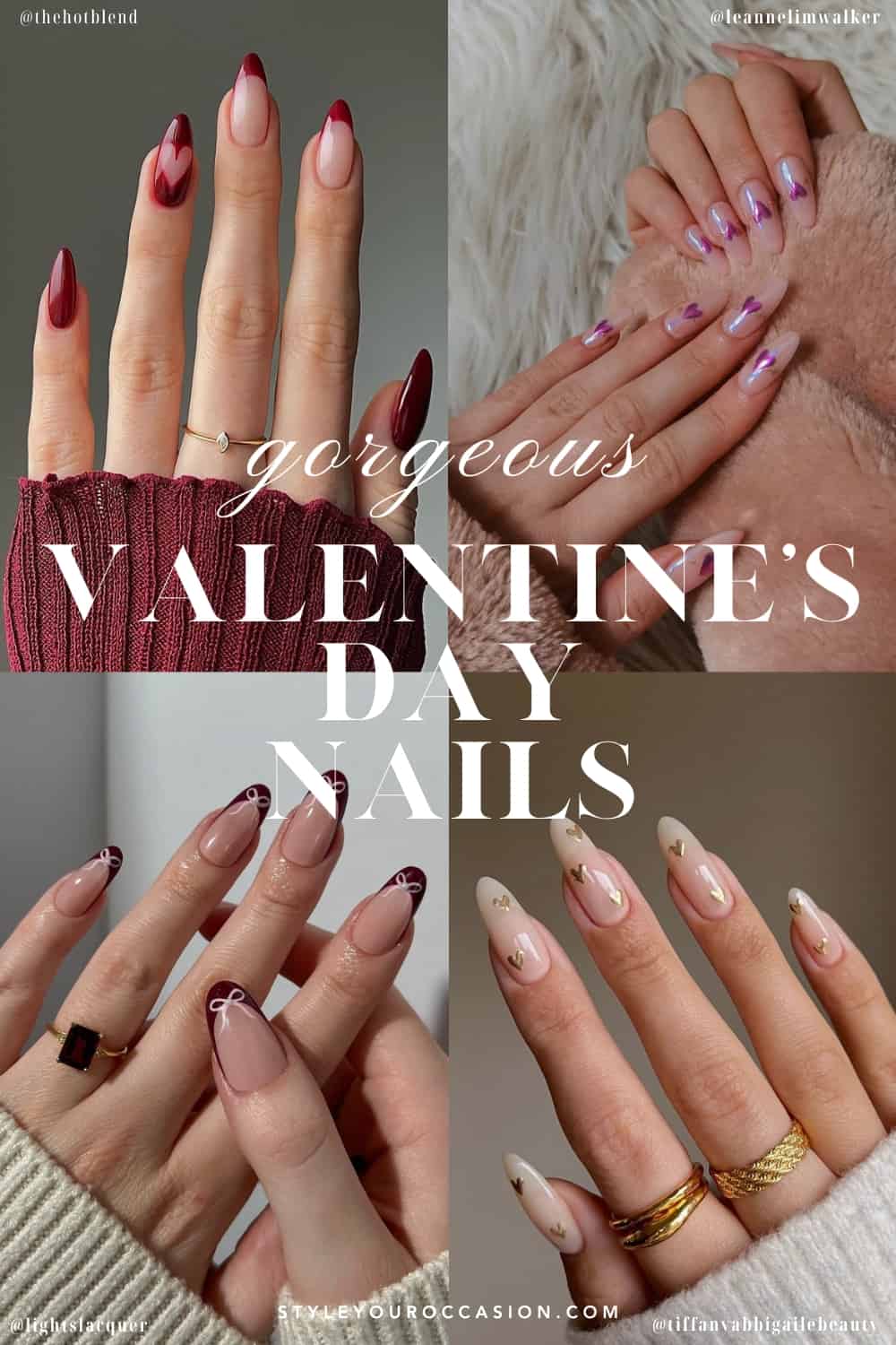 collage of four hands with Valentine's Day Nails with pink, red, gold, and heart designs
