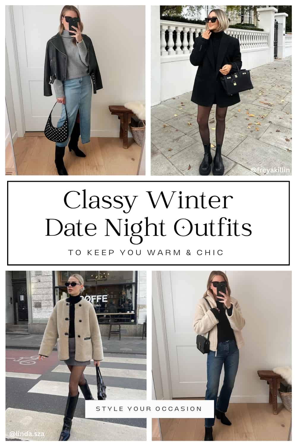 collage of four images of women wearing stylish winter date night outfits