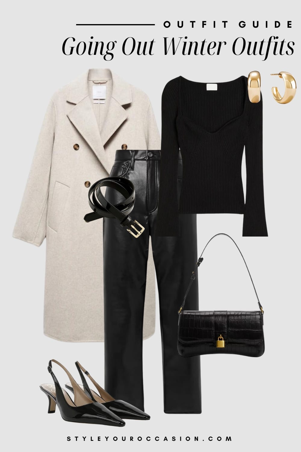 winter going out outfit graphic with a beige wool coat, black long sleeve top, black leather pants, and black slingback heels