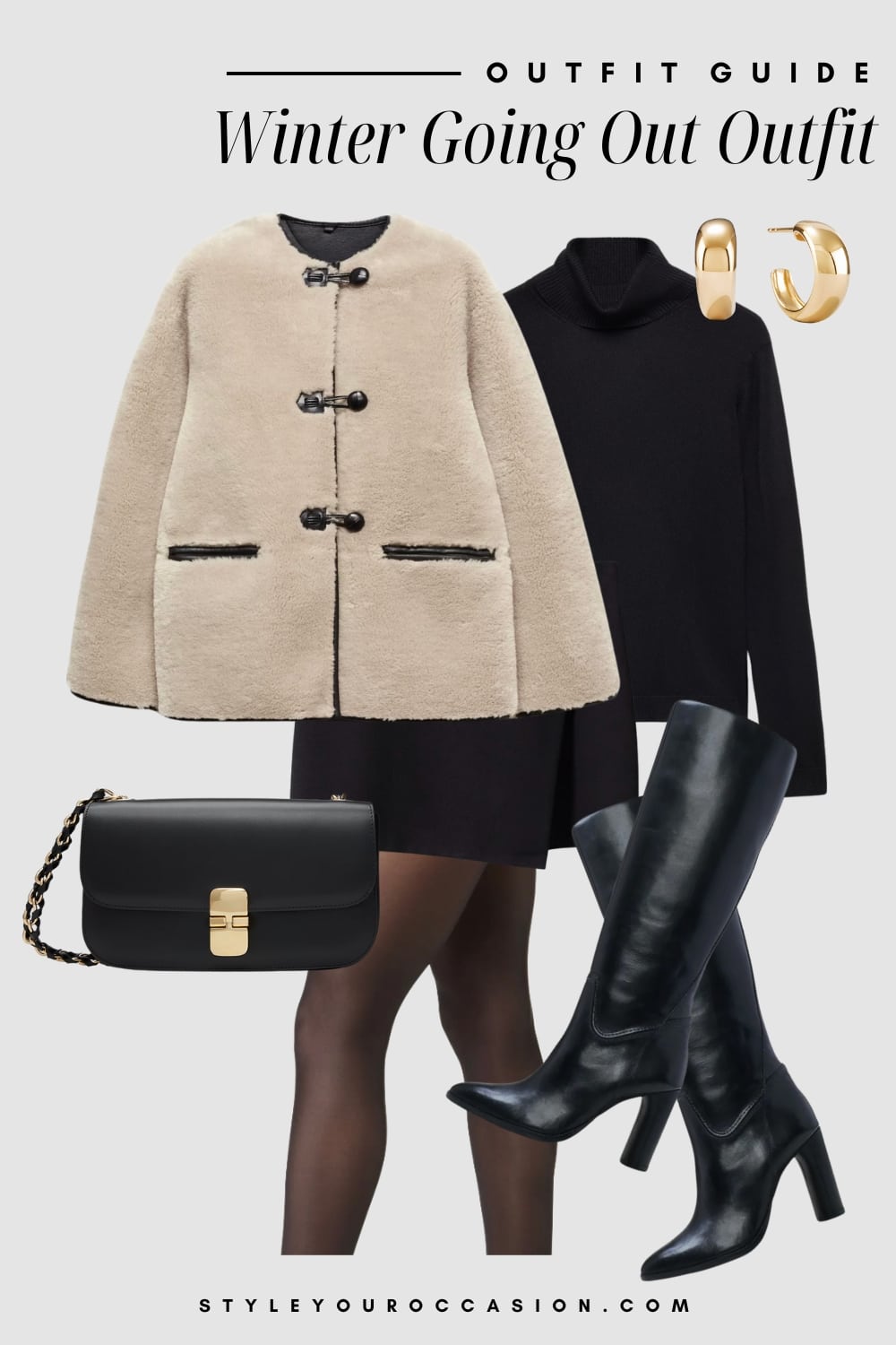 winter going out outfit graphic with a beige faux shearling coat, black top, black mini skirt, sheer tights, and knee-high boots