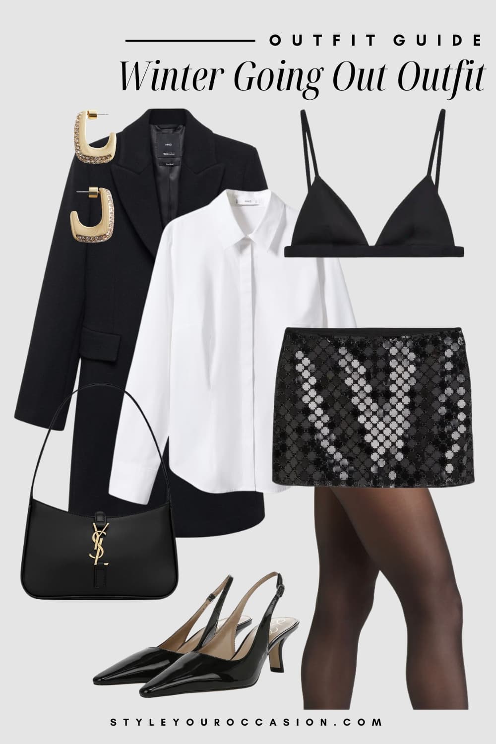 winter going out outfit graphic with a black wool coat, white button up shirt, sequin skirt, bralette, and slingback heels