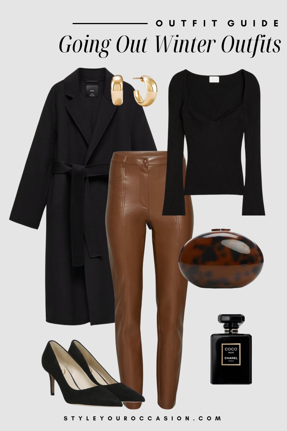 winter going out outfit graphic with a black wool coat, black long sleeve top, brown leather pants, and black suede pumps