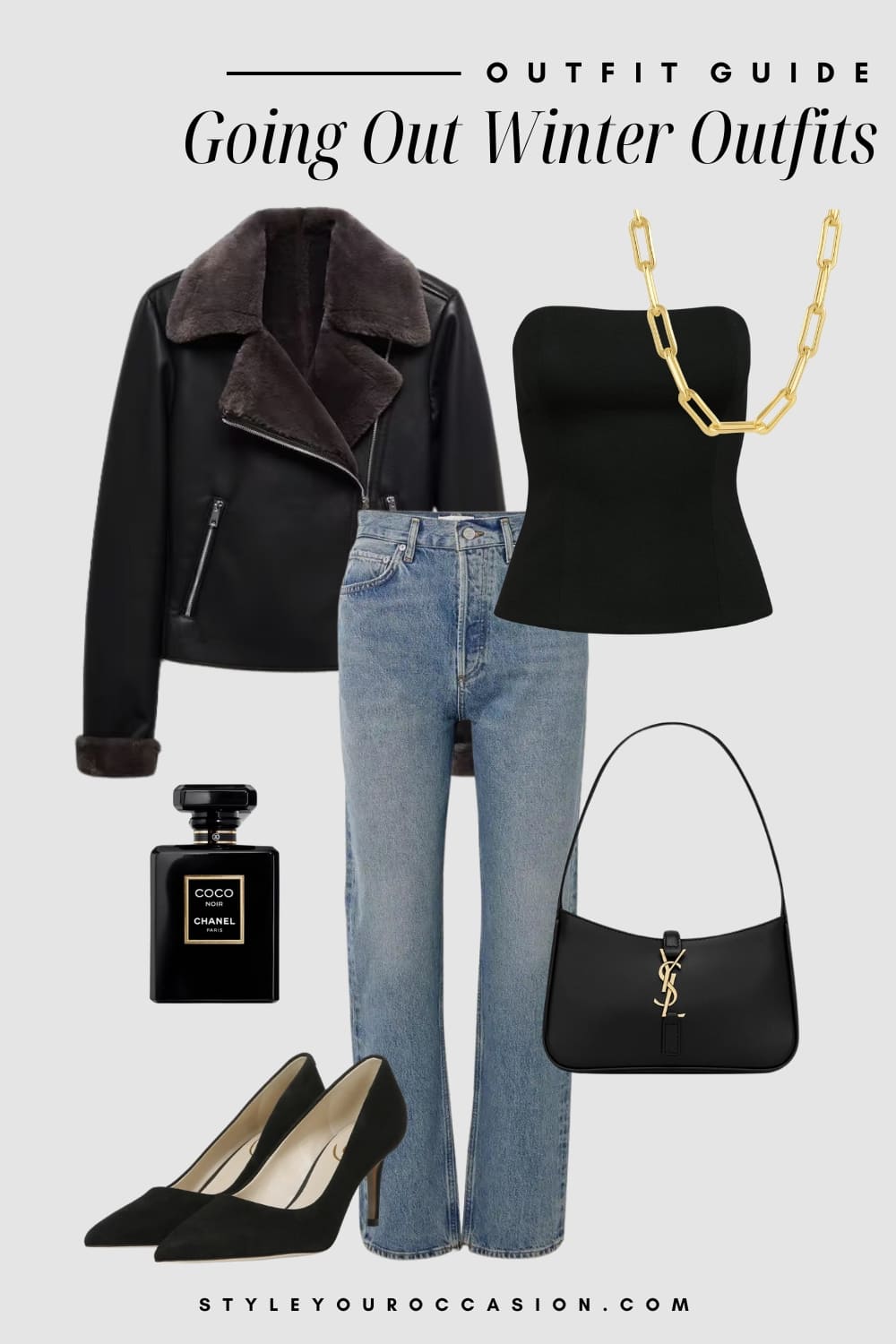 winter going out outfit graphic with a black and brown shearling leather coat,black bustier top, , blue jeans, and black suede pumps