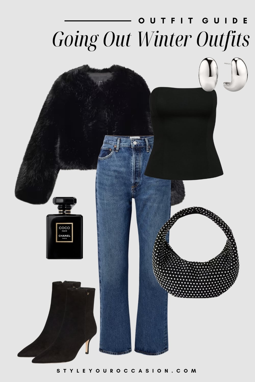 winter going out outfit graphic with a black faux fur cropped coat, a black bustier top, blue jeans, and black booties
