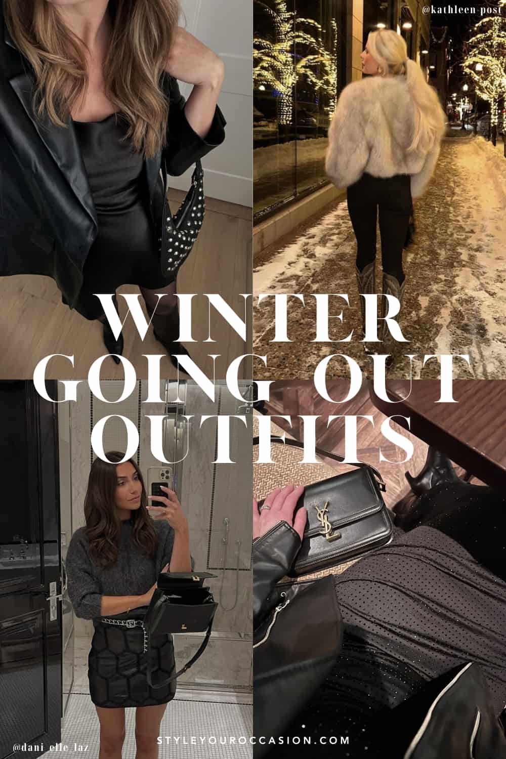 collage of four women wearing stylish winter going out outfits