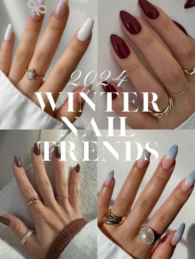 collage of four images of winter nail designs following winter nail trends including deep reds, bow details, icy blues, and chocolate nails