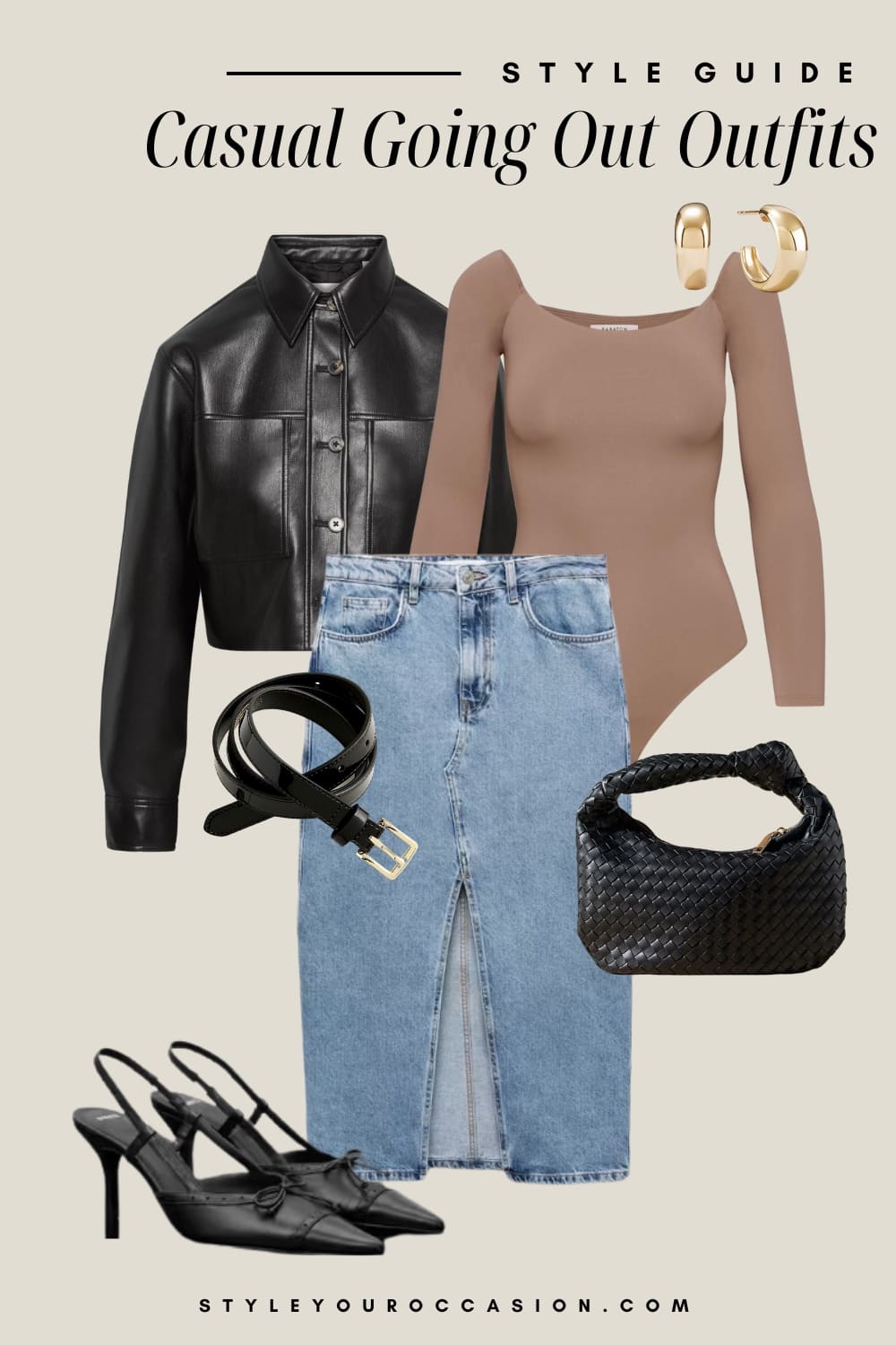 Outfit styling graphic of a denim midi skirt, a brown bodysuit, a black cropped leather jacket, slingback heels and black accessories.