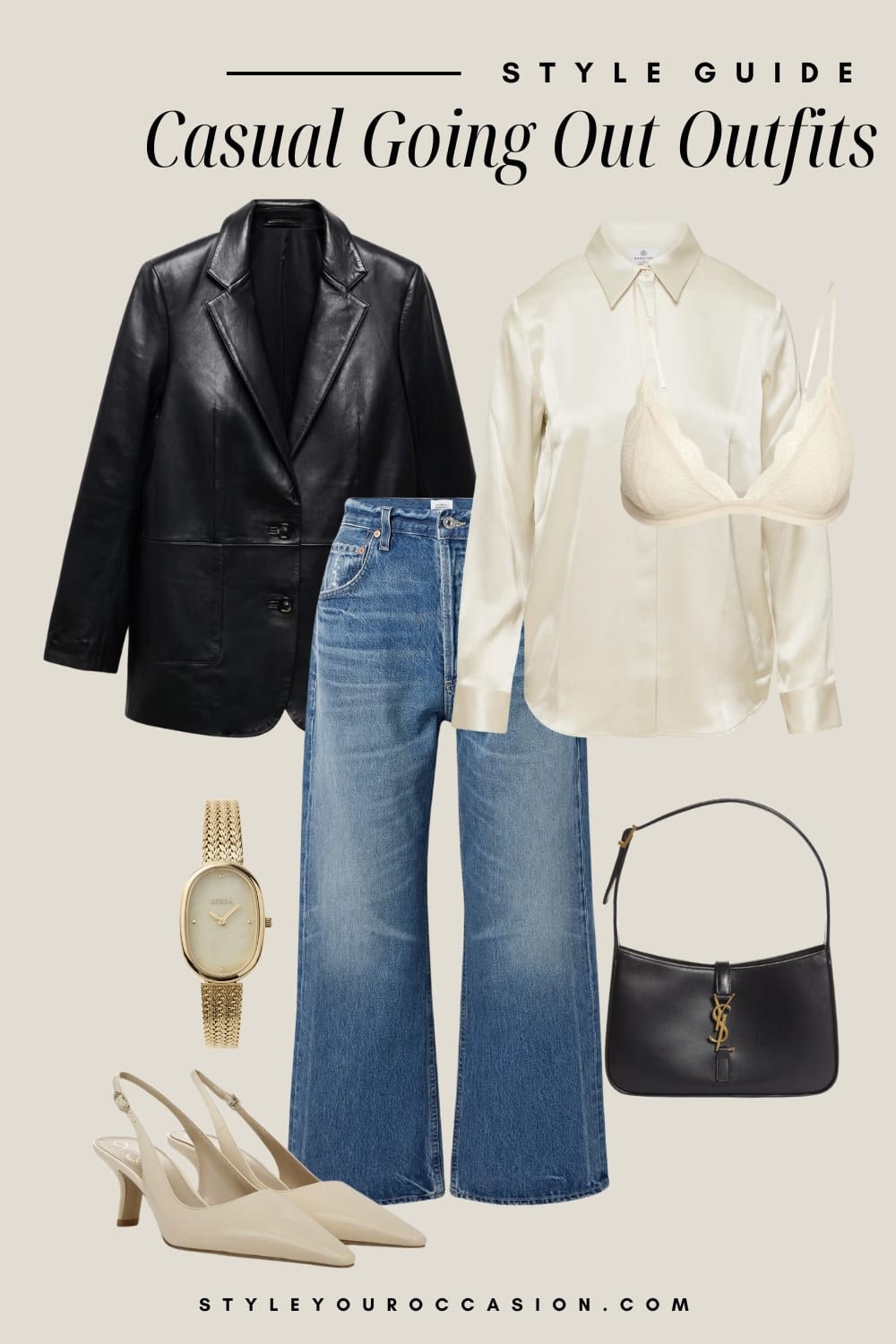 Outfit styling graphic of medium wash wide leg jeans, a silk button up with a bralette underneath, a leather blazer, white slingback heels, a black handbag and gold jewelry.