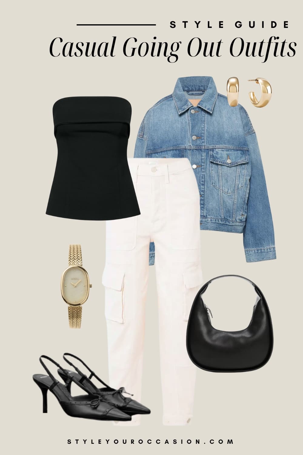 Outfit styling graphic of white cargo jeans, a black tube top, a light wash denim jacket, black slingback heels, gold jewelry and a black purse.