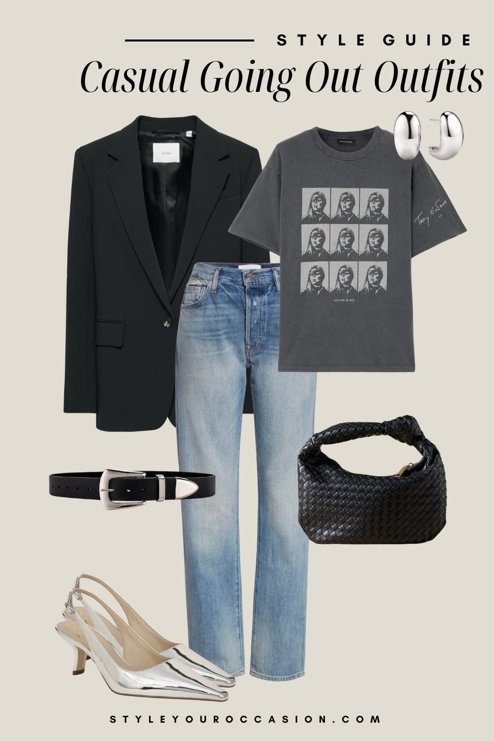 Outfit styling graphic of light wash straight jeans, a graphic band tee, a black blazer, silver sling back heels and black accessories.